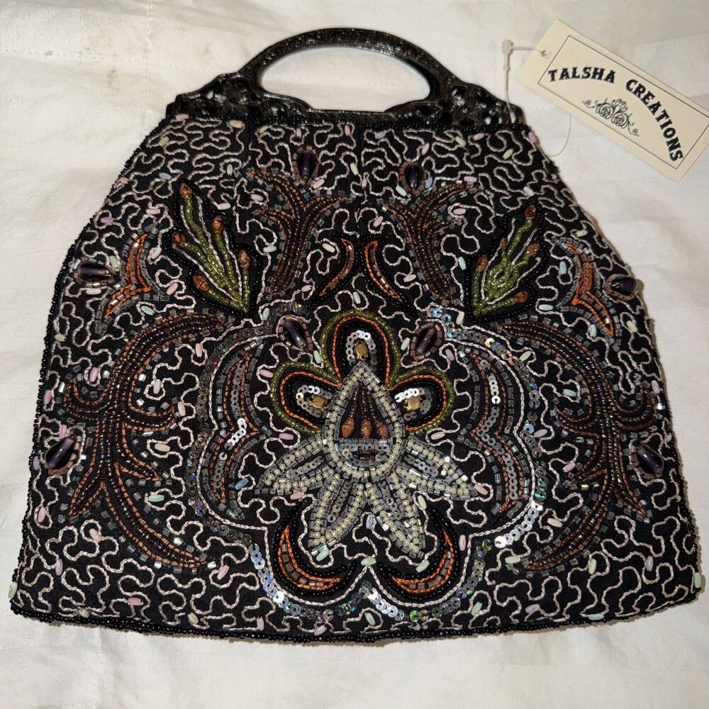 NWT Gorgeous Floral Artisan Beaded Embroidered Purse Clutch Dark Metal Handle